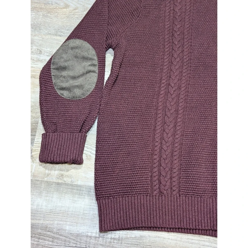 Raffi Burgundy Cable Knit Quarter Zip Sweater Mens Size XL Suede Elbow Patches - Picture 7 of 13